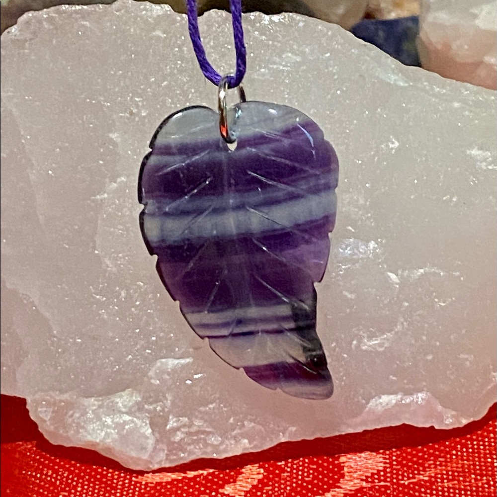 carved Leaf in rainbow stripes of purple & clear blue Fluorite Pendant necklace